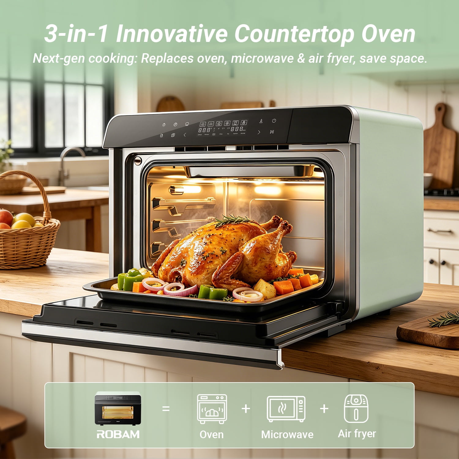 ROBAM R-BOX Combi Steam Oven, 23QT Countertop Steam Oven & Air Fryer Combo, 3 Steam Modes, Professional Steam-Bake, Air Fry, Dehydrate & Ferment, Rapid Heating & Self-Cleaning, Green