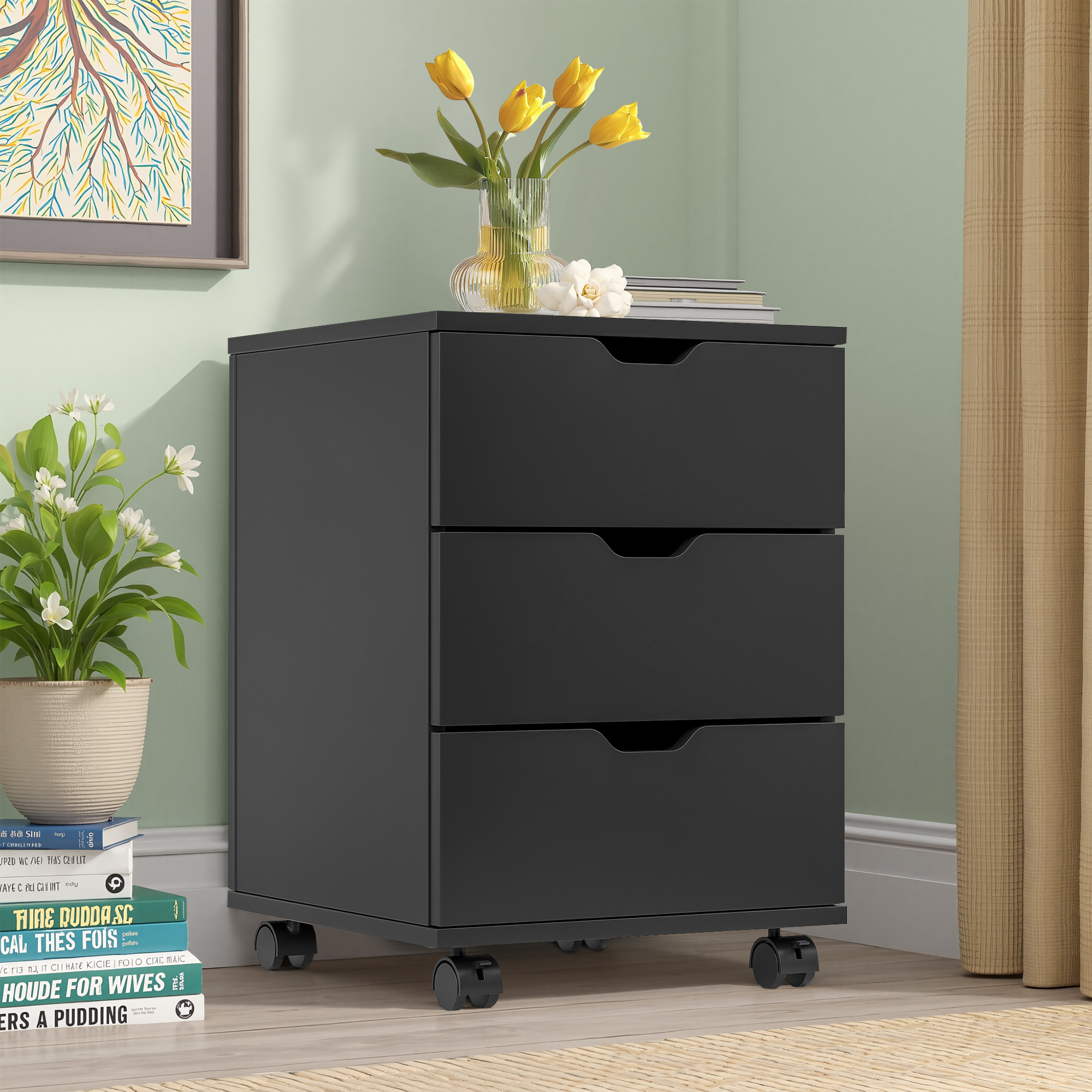 MAYEERTY 3-Drawer Vertical Wood Filing Cabinet with Casters for Home Office, Black, Non-Assembled