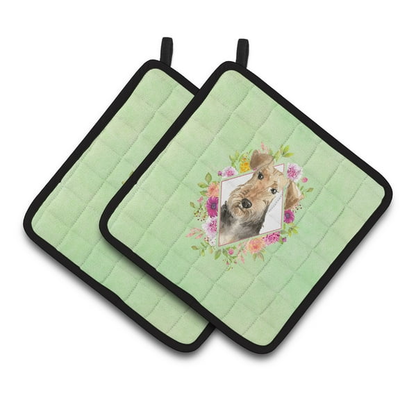 Airedale Terrier Green Flowers Pair of Pot Holders