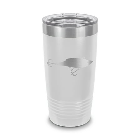 

Fishing Lure Tumbler 20 oz - Laser Engraved w/ Clear Lid - Stainless Steel - Vacuum Insulated - Double Walled - Travel Mug - bass gone fishing fish reel outdoors - White