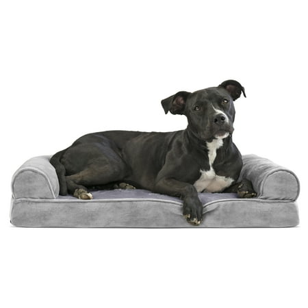 UPC: 0842229106695 | FurHaven Pet Products Faux Fur & Velvet Memory Top Sofa-Style Pet Bed for Dogs & Cats – Smoke Gray Medium