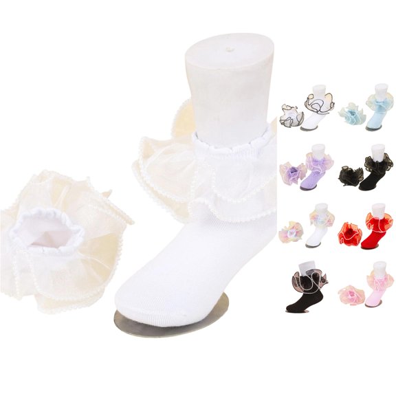 Girls Pearl Lace Ruffle Mid‑Calf Socks, Baby Toddler Princess Frilly Socks, Soft Cotton‑Blend Kids Dress Socks for Little Girls Party Daily Dress‑up