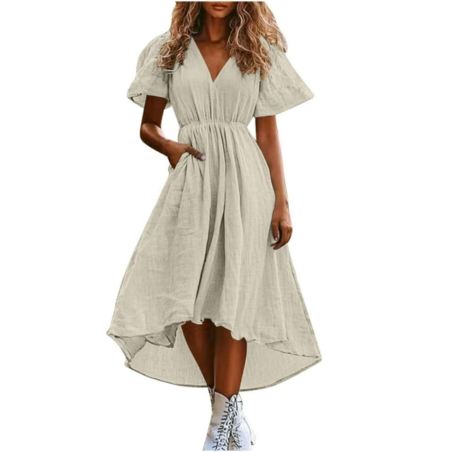 Hyknon Robe d'Été en Lin pour Femmes Manches Courtes Bouffantes Irrégulières Robe de Plage Décontractée Ample Fluide Maxi avec Poches P-2TG