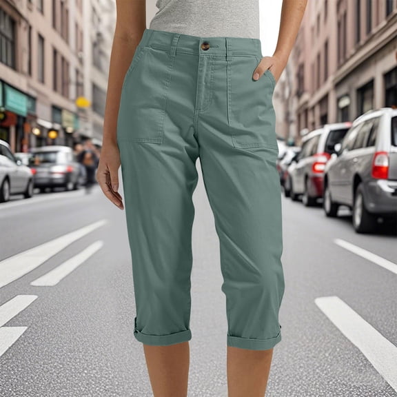 Women's Plus Size Cargo Capris, Solid Color Elastic Waist Knee Length Cropped Pants with Side Pockets, Summer Long Shorts for Work Daily