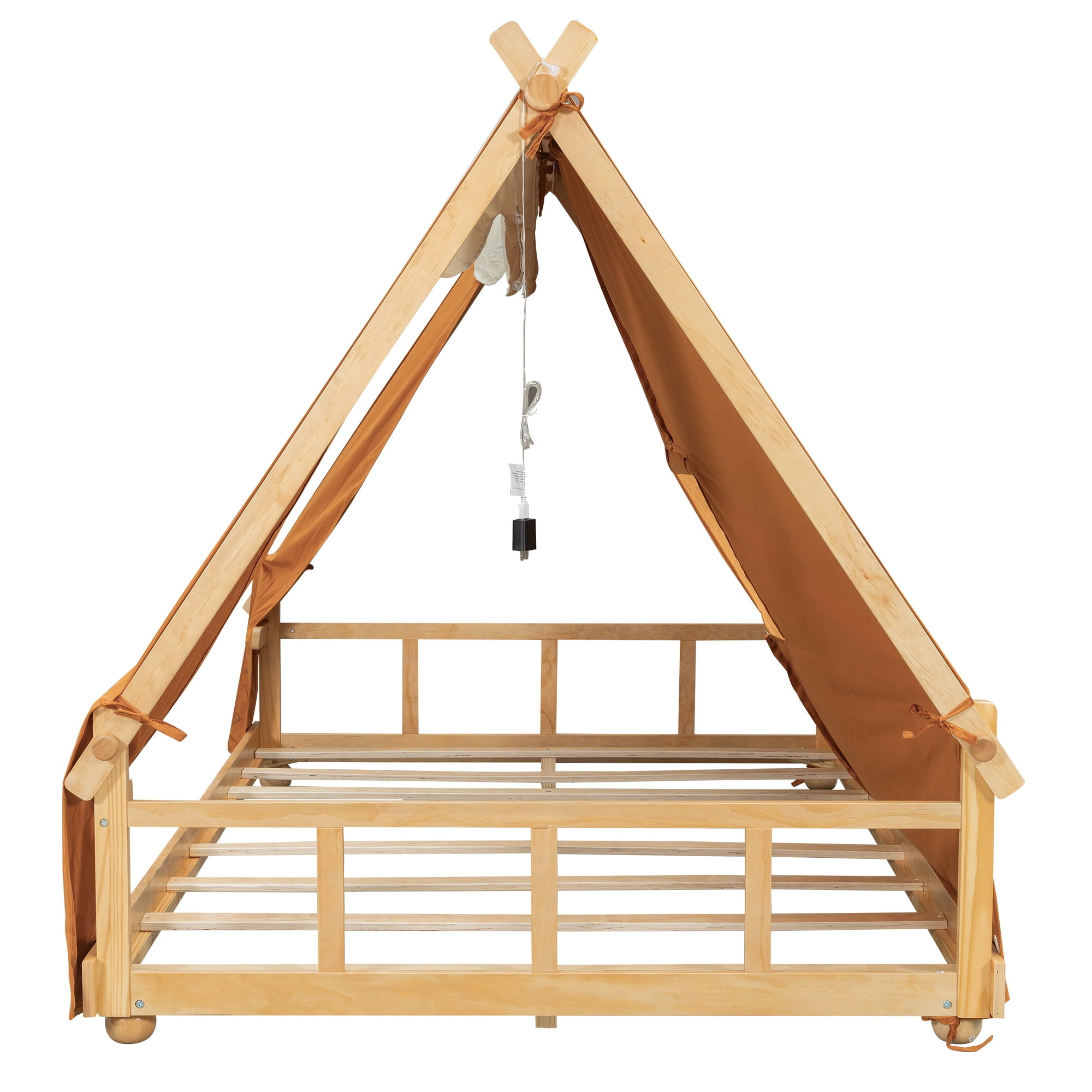 Full Size House Bed with Tent and Light,Brown