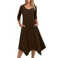 thumbnail image 4 of Qulqfy Womens Dresses for Wedding Guest Midi Brown 3/4 Sleeve Crewneck Irregular Hem Flowy Swing Dresses Dresses for Women XL, 4 of 9