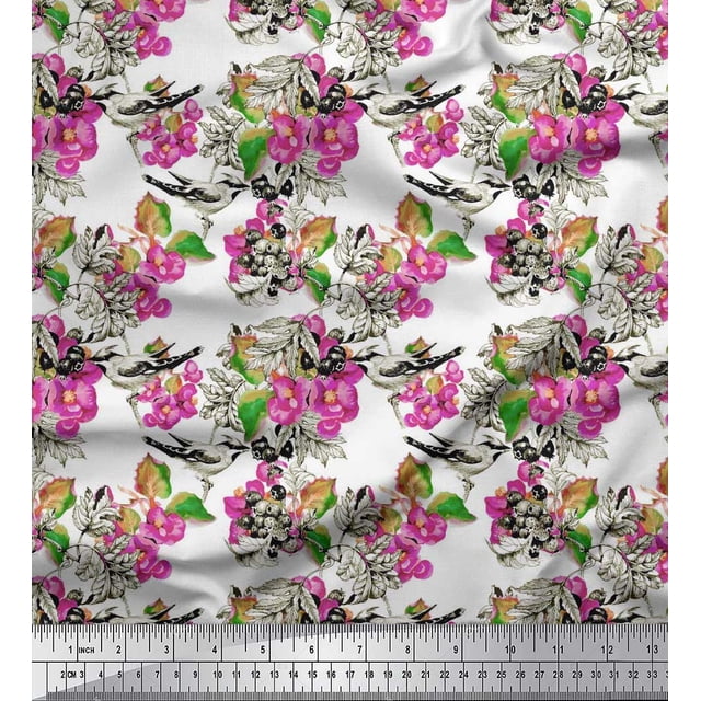 Soimoi Poly Georgette Fabric Berries,Floral & Bird Print Fabric by Yard 52 Inch Wide