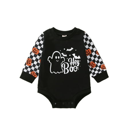 

Gureui Toddler Infant Baby Boys Girls Halloween Romper Ghost Print Patchwork Crew Neck Long Sleeve Snaps Jumpsuit