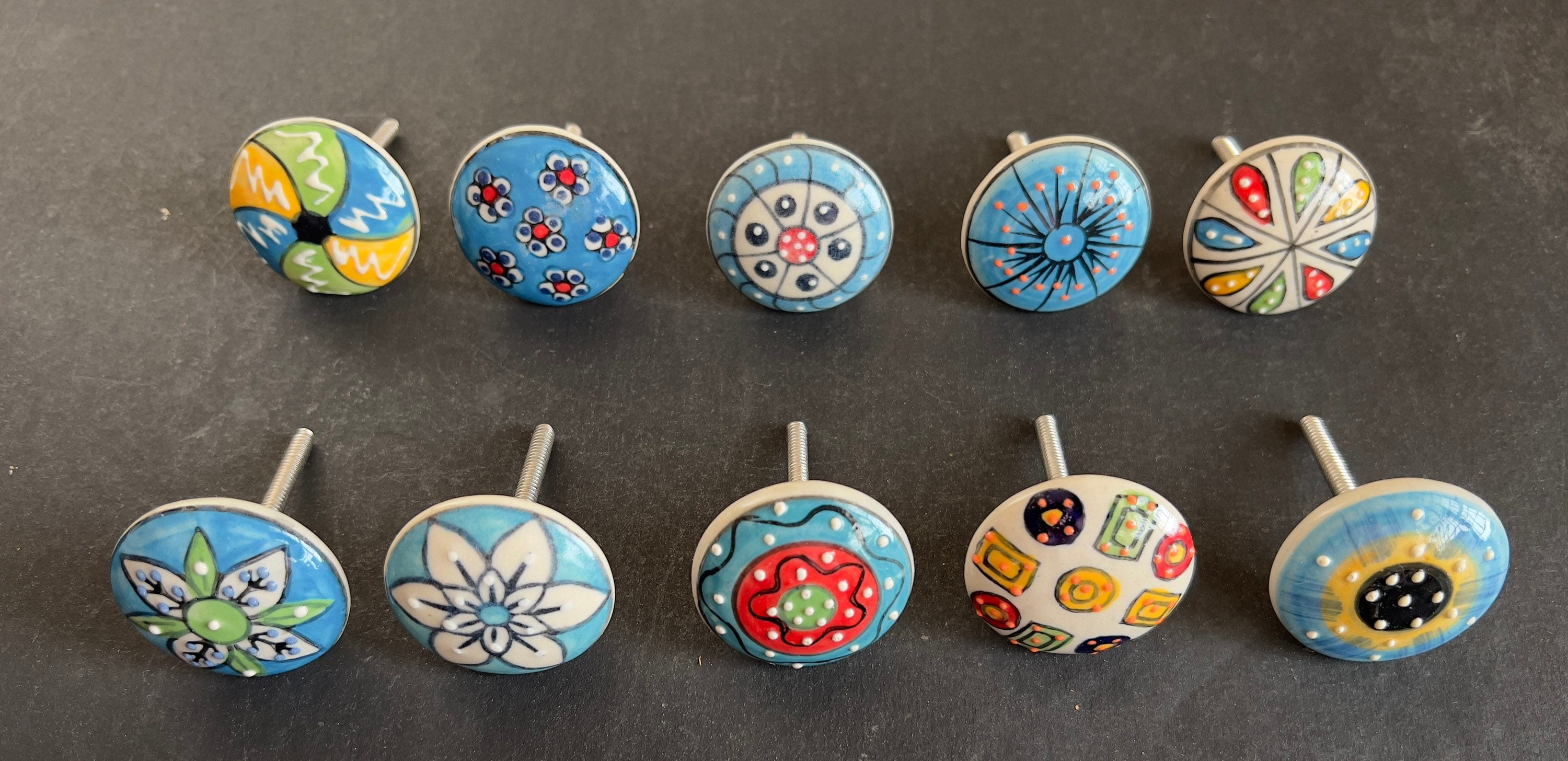 10 PC SET of Cabinet Ceramic Knobs | white and black Colourful Designs| Drawer Dresser Wardrobe Door kitchen knobs| Nuts & Bolts Included