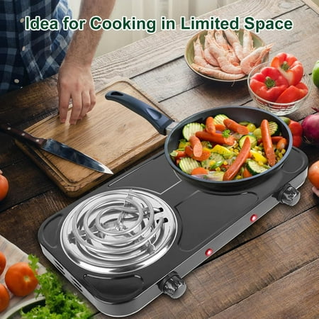 Double Burner Cooktop, 2000W Portable Electric Stove, 5 Level Temperature Control, Easy to Clean, Power Indicator Lights, Coil Hot Plate for Home Dorm Camping Cooking