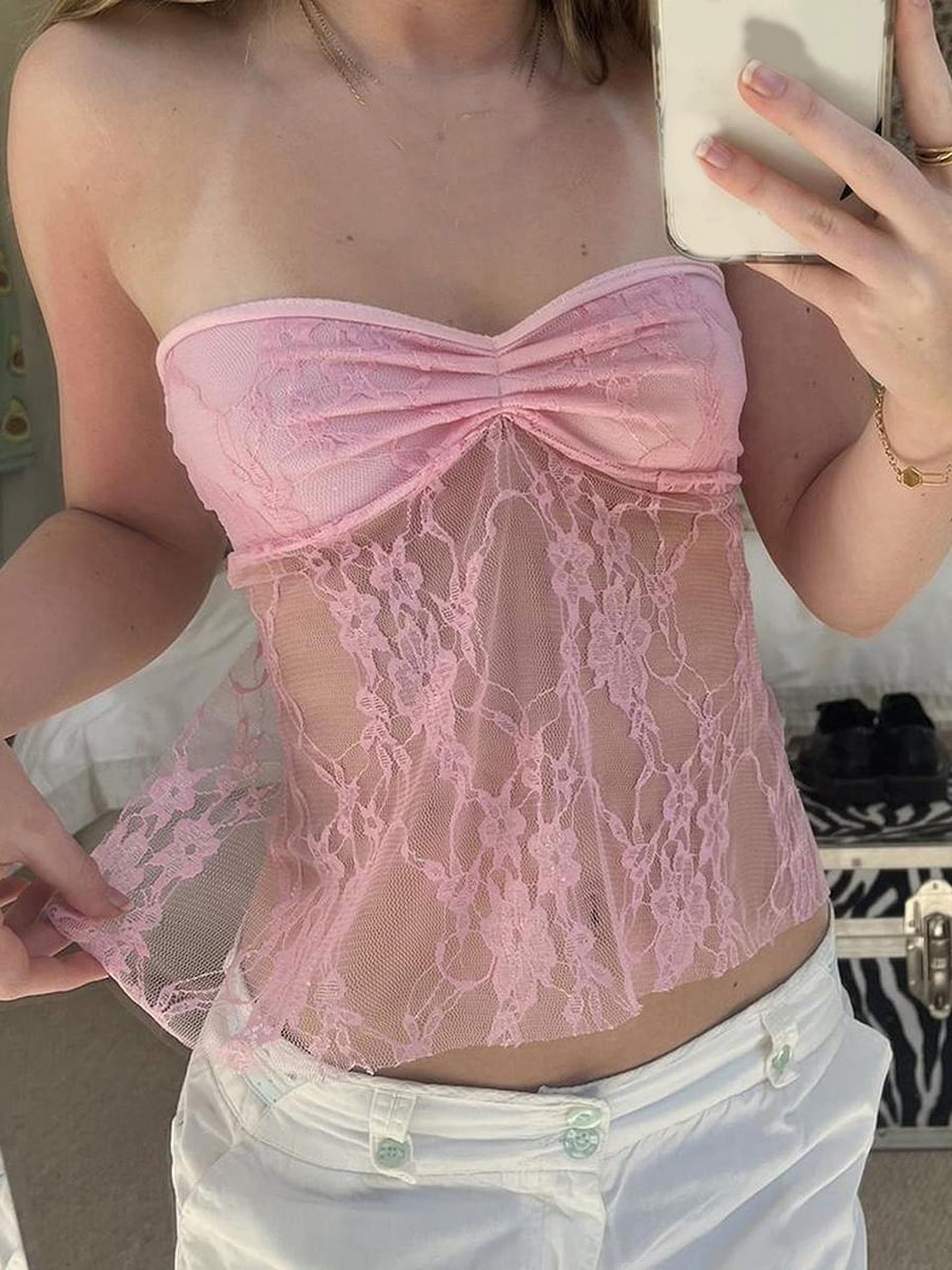 Cutecore Pink Lace Floral Tube Tops Y2K Coquette Mesh Sheer