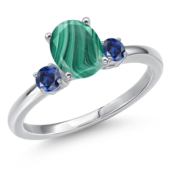Gem Stone King 14K White Gold Green Malachite and Blue Created Sapphire Engagement Ring for Women | 2.28 Cttw | Oval 8X6MM | Gemstone Birthstone | Size 8