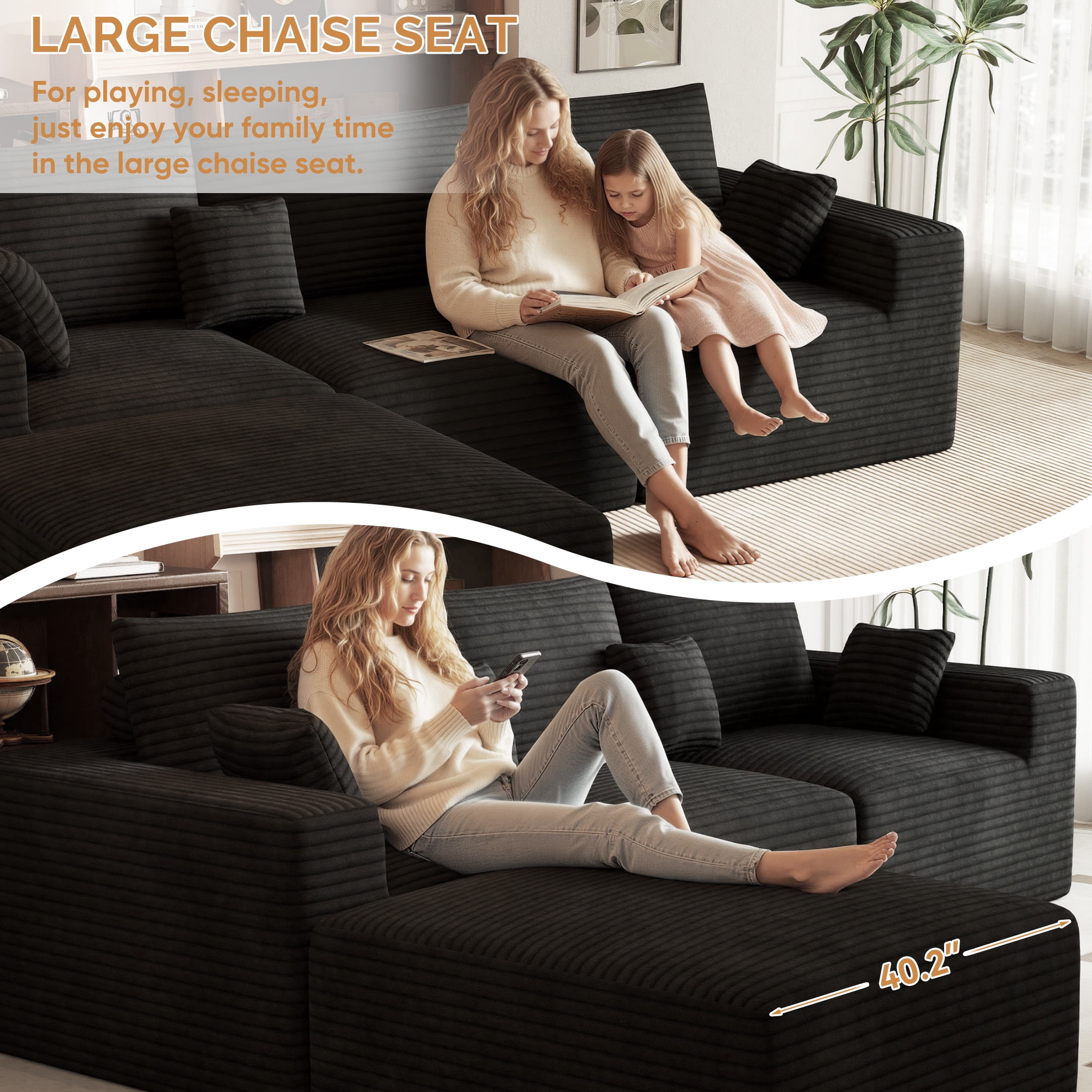 Daluvenix Modern Modular Sectional Sofa 113" L-Shaped Boneless Couch with Deep Seat Convertible Corduroy Cloud Couches for Living Room