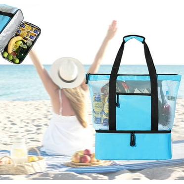 Yunnyp Mesh Beach Tote Bag，Large Beach Bags with cooler, Large Capacity Detachable Tote Bag Insulated Cooler Bag， Waterproof Sandproof Swim Pool Travel Daily Beach Tote Bag, Blue