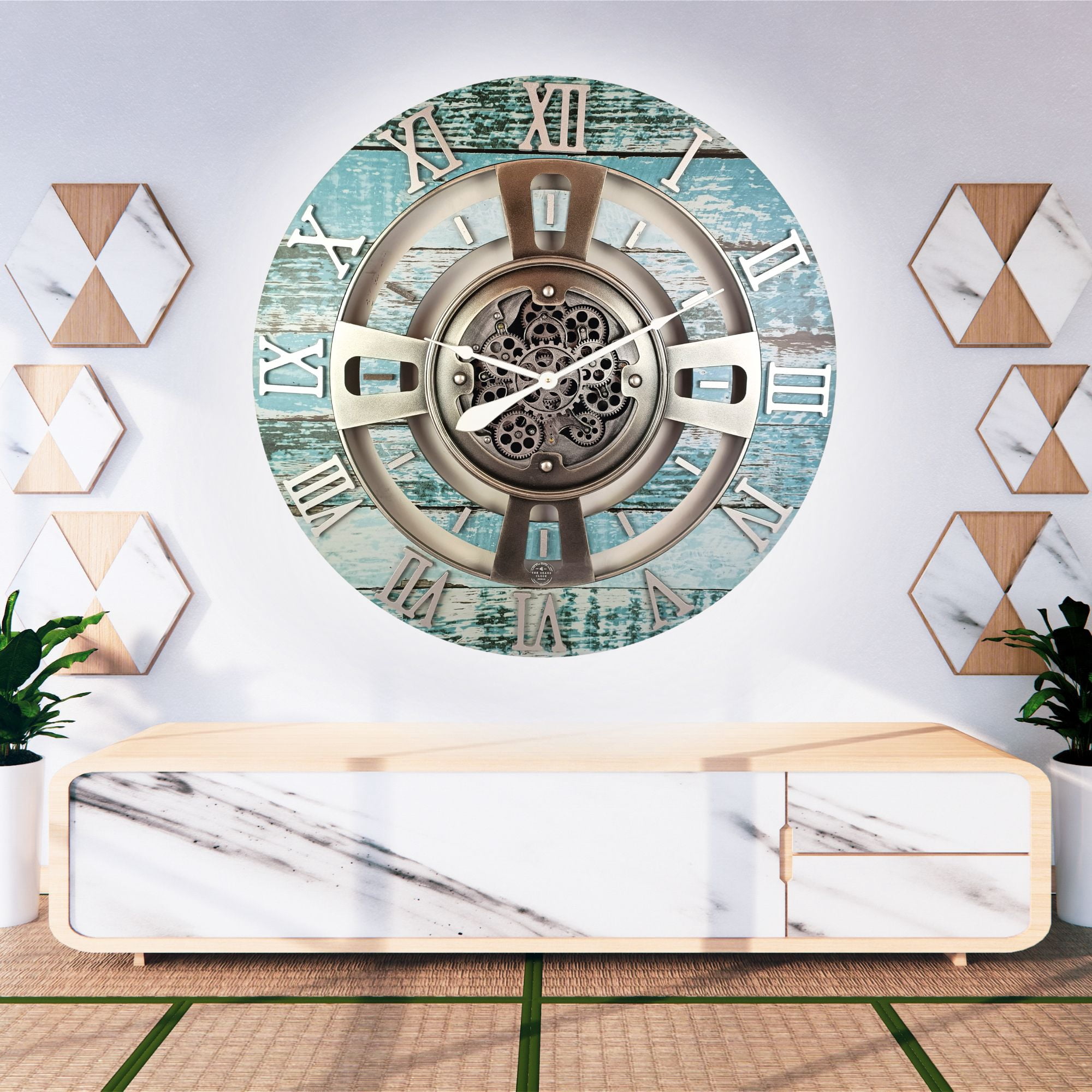 THE GEARS CLOCK Wall Clock with Real Moving Gears EN-LI_ 36 in Round Aqua-Green