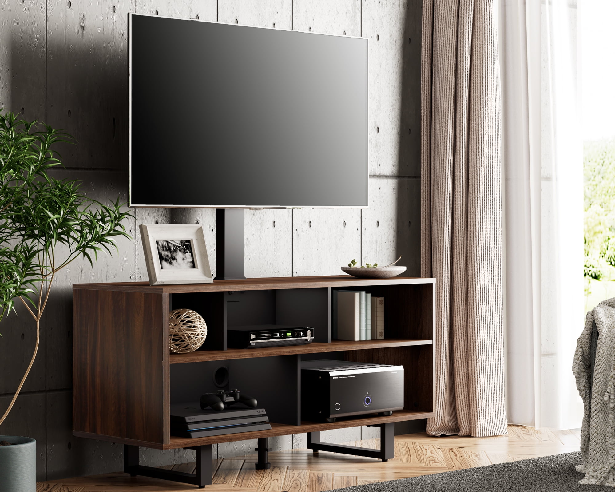 FITUEYES Swivel Wood Storage Floor TV Stand with Mount up to 70 Inch