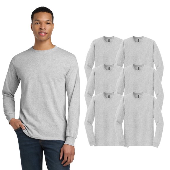 Gildan Men's Dryblend 50/50 Long Sleeve T-Shirt, Durable Cotton Blend, Basic Tee, Ash, Pack of 6, S