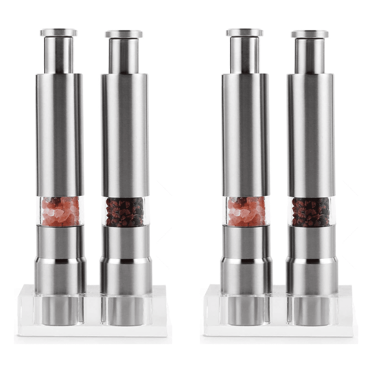 Salt and Pepper Grinder Set of 4, Pepper Mill Stainless Steel Salt Shaker Push-Button Manual Glass Salt and Pepper Set,4 x pepper grinder 2 x Base,Silver