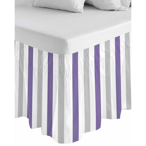 Purple Grey Striped Wrap Around Bed Skirts for Queen Bed 16" Drop, Bed Skirt with Adjustable Elastic Belt Dust Ruffle Bed Valance for Bedroom Hotel Luxury Minimalist Farmhouse Stripe Bed Frame Cover