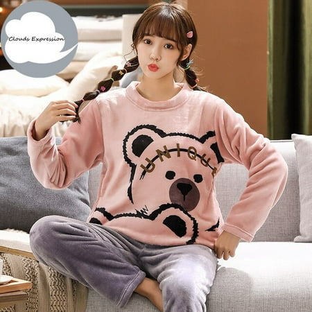 

QWZNDZGR Winter Warm Flannel Women Cartoon Sleepwear Cute Girls Pajamas Fashion Pajama Set Pullover Coral Fleece Pijamas Mujer Homewear