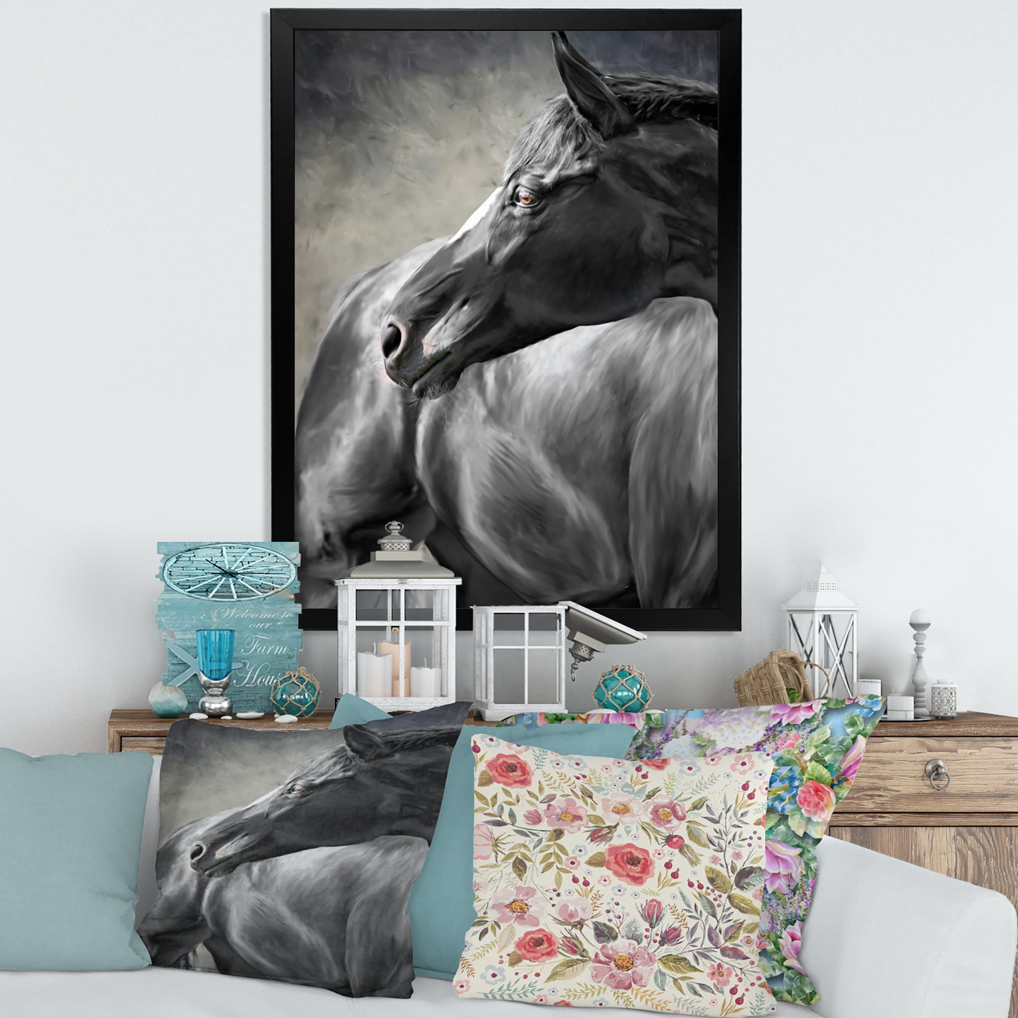 Designart 'Close Up Of A Black Horse' Farmhouse Framed Art Print
