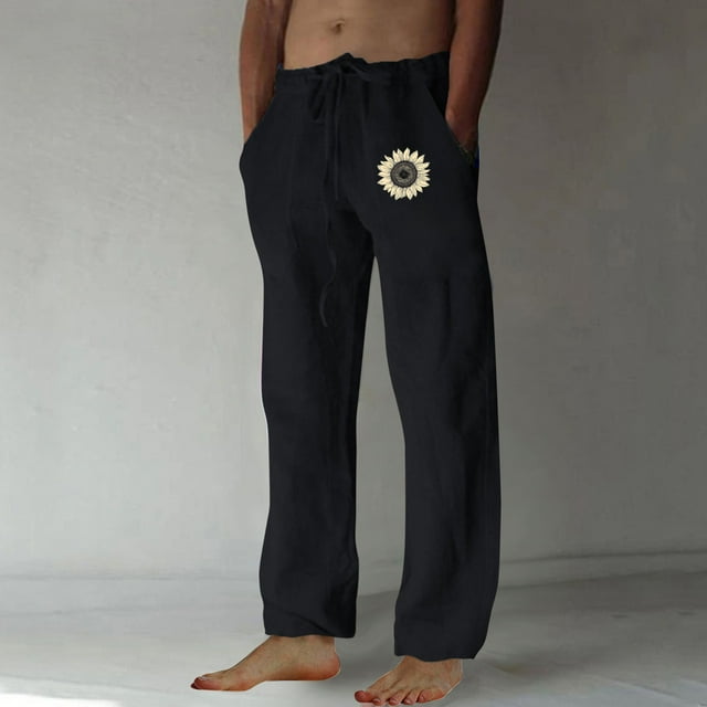 Leodye Men's Sunflower Print Elastic Waist Drawstring Pants Loose Straight Leg Pants with Pockets Black M(M)