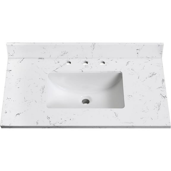 36 Inch White Bathroom Vanity Top, Engineered Stone Countertop with Middle Sink, Widespread Faucet Hole Spread with Backsplash Bathroom Vanity Sink Top