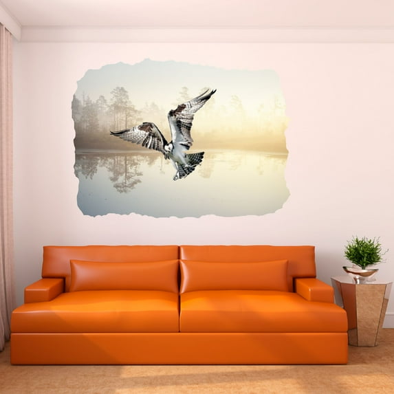 Animal Watercolor Wall Decals for Family Room - Flying Bird Animal Catching Fish In Lake Outdoor Scene DIY & Creativity Boy Girl Bedroom Wall Water Color Sticker - Size: 10 In x 7 In