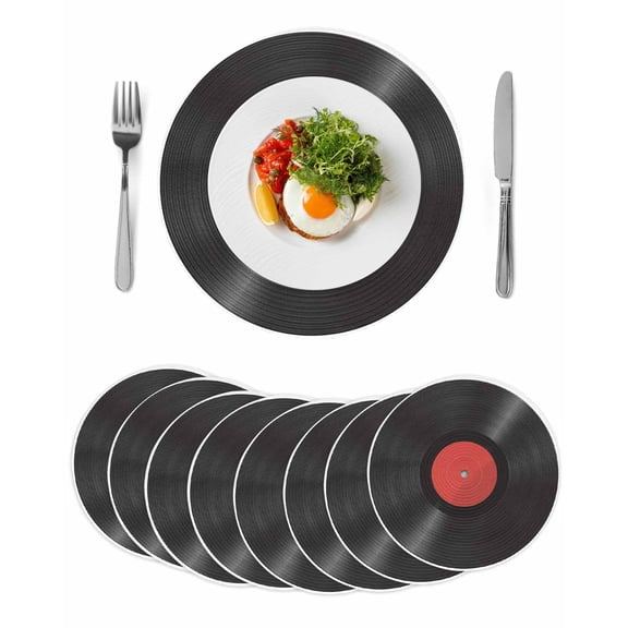 Retro Record Round Placemats Set of 8 for Dinning Tables,Heat-proof Braided Table Mats 13 Inch,Abstract Vintage Minimalist Art Washable Place Mat for Kitchen Restaurant Party Decor Table Setting