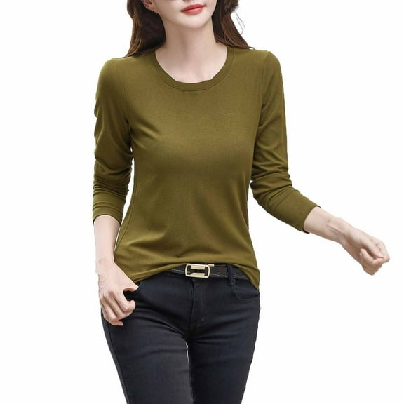 ShomPort Comfortable Tops for Women Basic Round Neck Long Sleeve T-Shirt Solid Color Pullovers