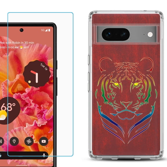 Slim-Fit Gel TPU Phone Case for Google Pixel 7, with Tempered Glass Screen Protector, by OneToughShield ® - Night Tiger