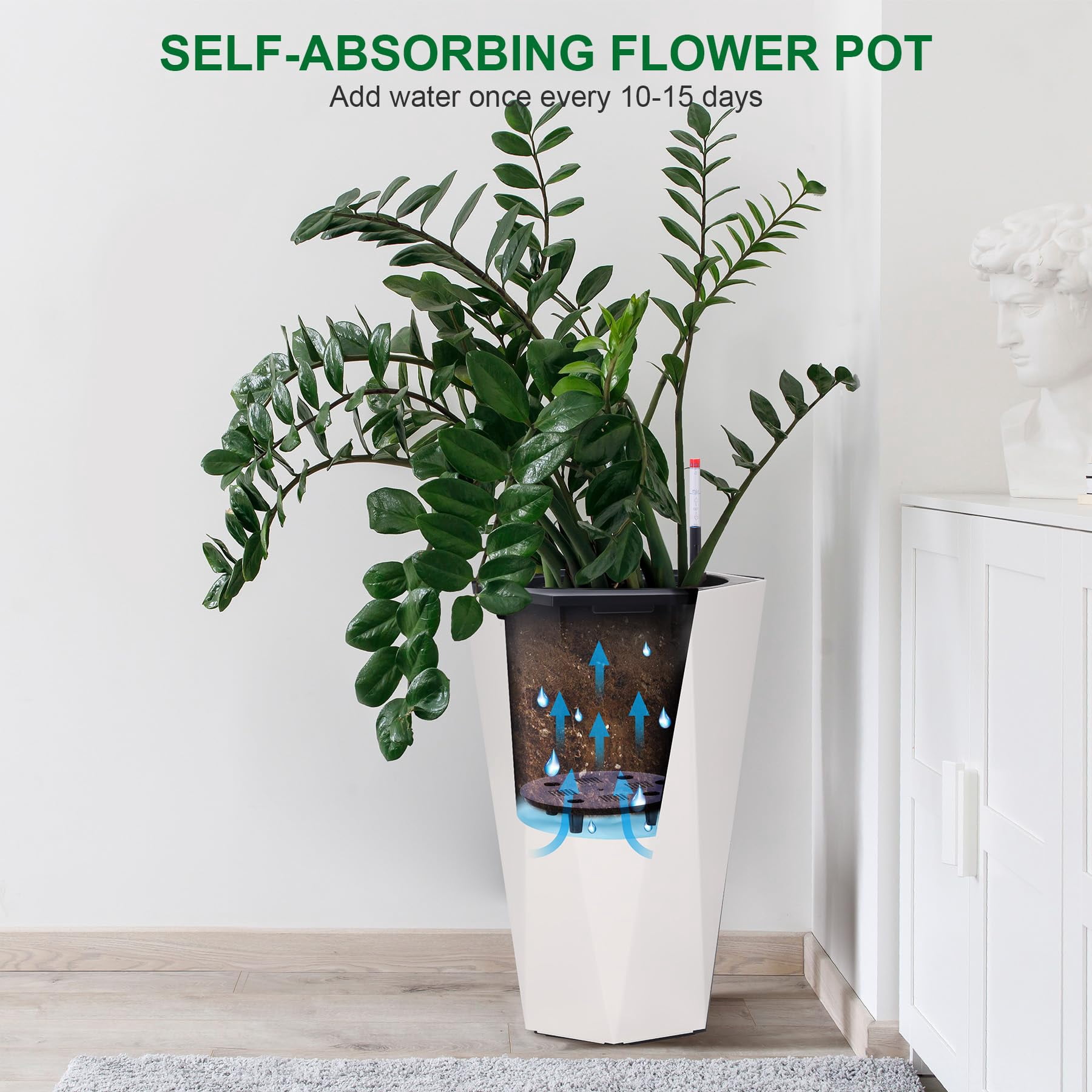 22.5 Inch Tall Planters Set of 2, Large Flower Pot Outdoor and Indoor, with 2 Trays and a Water Level Monitor and Wheels for Patio, Porch, Living Room, or Home Office