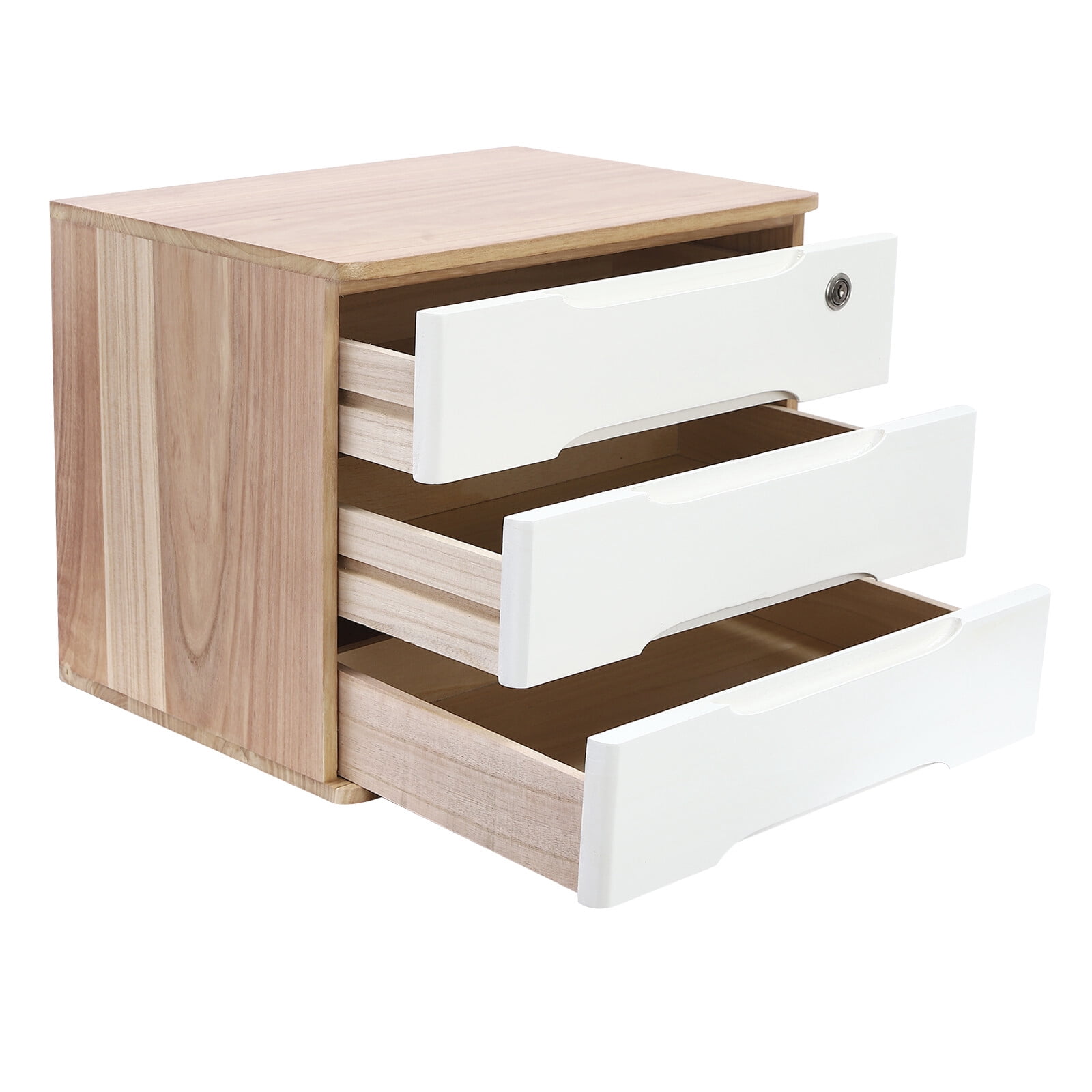 ToppiJoy 3-Tier Wooden Desktop Storage Box with Lockable Drawers, Modern Tung Wood Desk Organizer, Bamboo Storage with Keys (Wood Color, White)