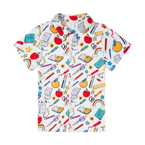 Lullu Toddler Boys Back-to-School Shirt Cute Graphic Short Sleeve Button Down Shirt, White