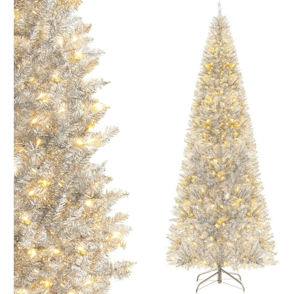 g 7ft Pre-lit Silver Pencil Christmas Tree, Artificial Tinsel Electroplated Tree w/ 400 Warm-White LED Lights, 1030 Branch Tips, Metal Stand, Hinged Slim Xmas Tree Holiday Party Decor for Home,tree