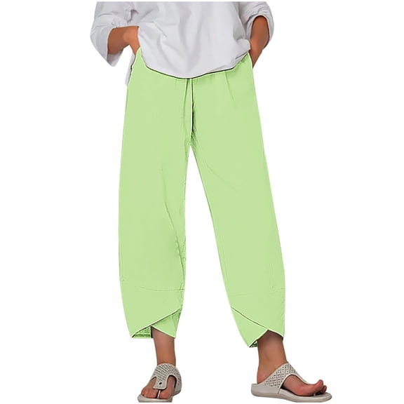 Womens Summer Cropped Pants Casual Elastic Waisted High Waist Pants Beach Dressy Palazzo Trousers Pockets Ladies Loose Breathable Jogger Plus Size Trendy Outfits
