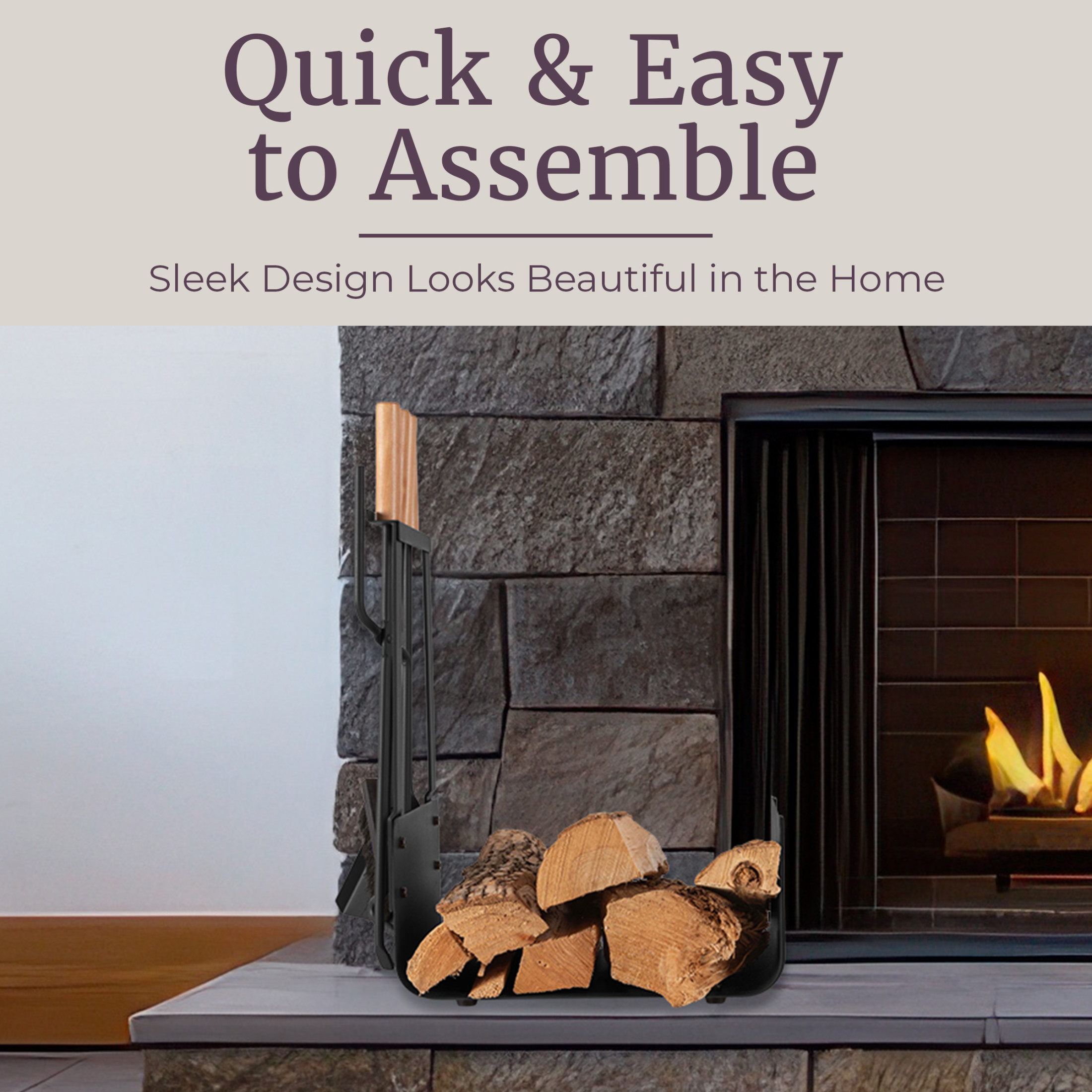Lavish Home 5PC Fireplace Tool Set with Firewood Rack Stand (Black)