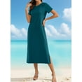 thumbnail image 3 of Women Summer Crewneck Casual Loose Split Wrinkle-Free Long Maxi Beach Dress Green L, 3 of 5