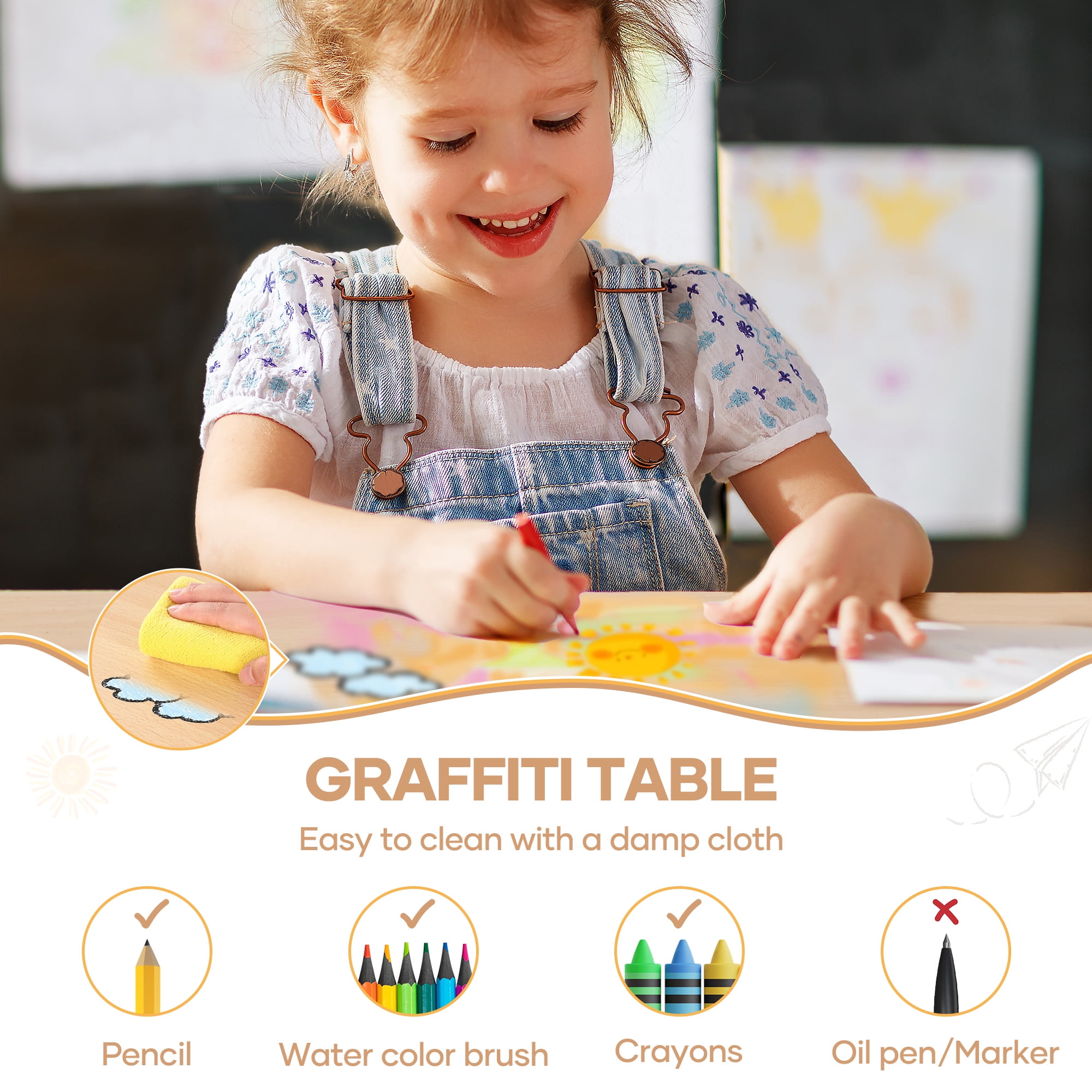 Naipo Adjustable Toddler Table and Chair Set with Drawer and Basket, Kids Furniture for Reading, Drawing, Eating, Preschool, Ages 3-8, White