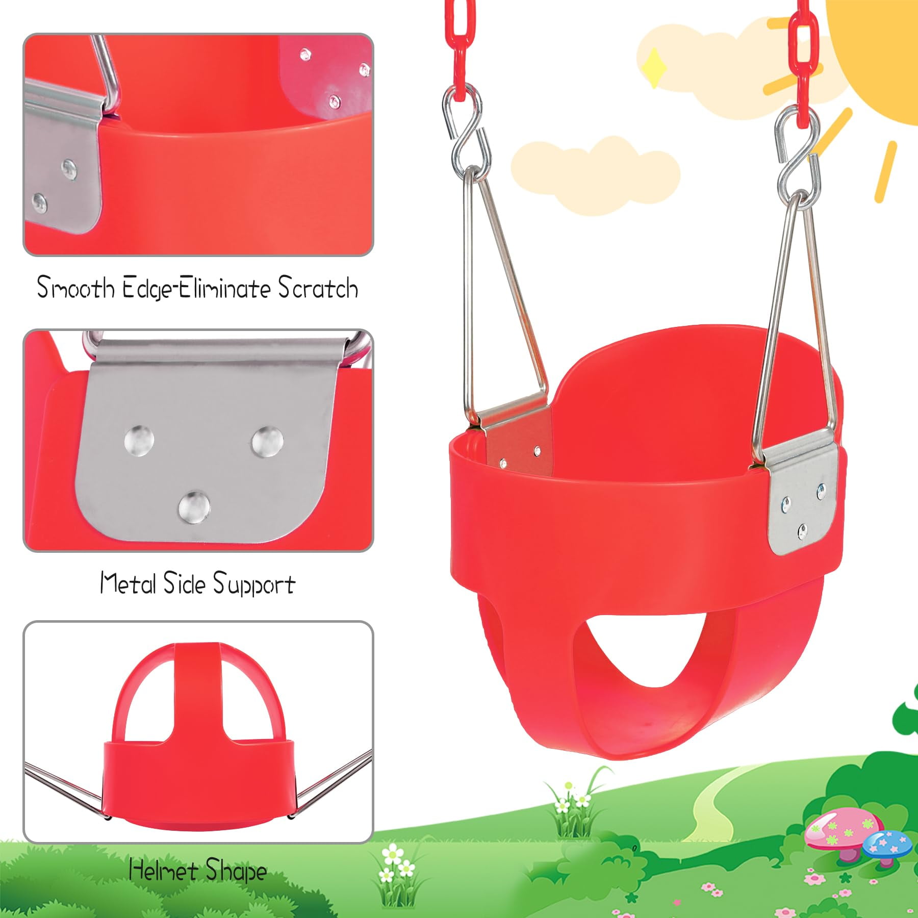 Toddler Swing Seat with Coated Chains, Heavy Duty Kids High Back Bucket Swings with Tree Straps and Hooks for Outdoor, Playground, Backyard, Swing Set Accessories by Domaker, Red