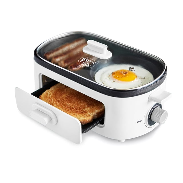 GreenLife - Estación de desayuno 3 en 1, placa doble antiadherente de cerámica saludable para huevos, salchicha de carne, tocino, panqueques y sándwiches de desayuno, cajón de tostadas de 2 rebanadas,