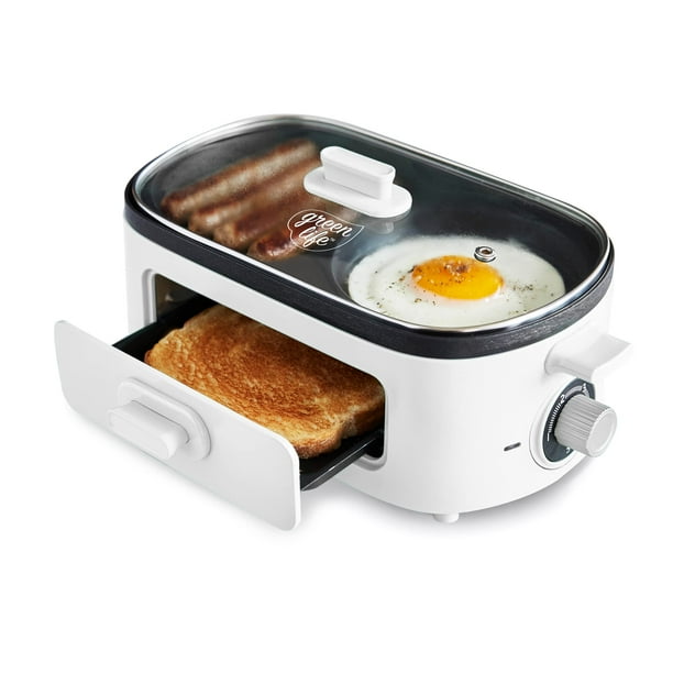 GreenLife - Estación de desayuno 3 en 1, placa doble antiadherente de cerámica saludable para huevos, salchicha de carne, tocino, panqueques y sándwiches de desayuno, cajón de tostadas de 2 rebanadas,