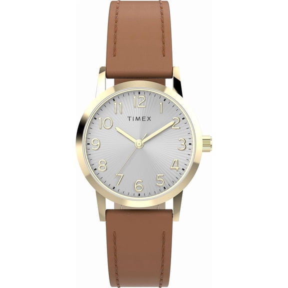 Timex Women's Main Street 30mm Watch - Brown Strap Silver-Tone Dial Gold-Tone Case