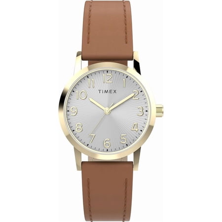 Timex Women's Main Street 30mm Watch - Brown Strap Silver-Tone Dial Gold-Tone Case