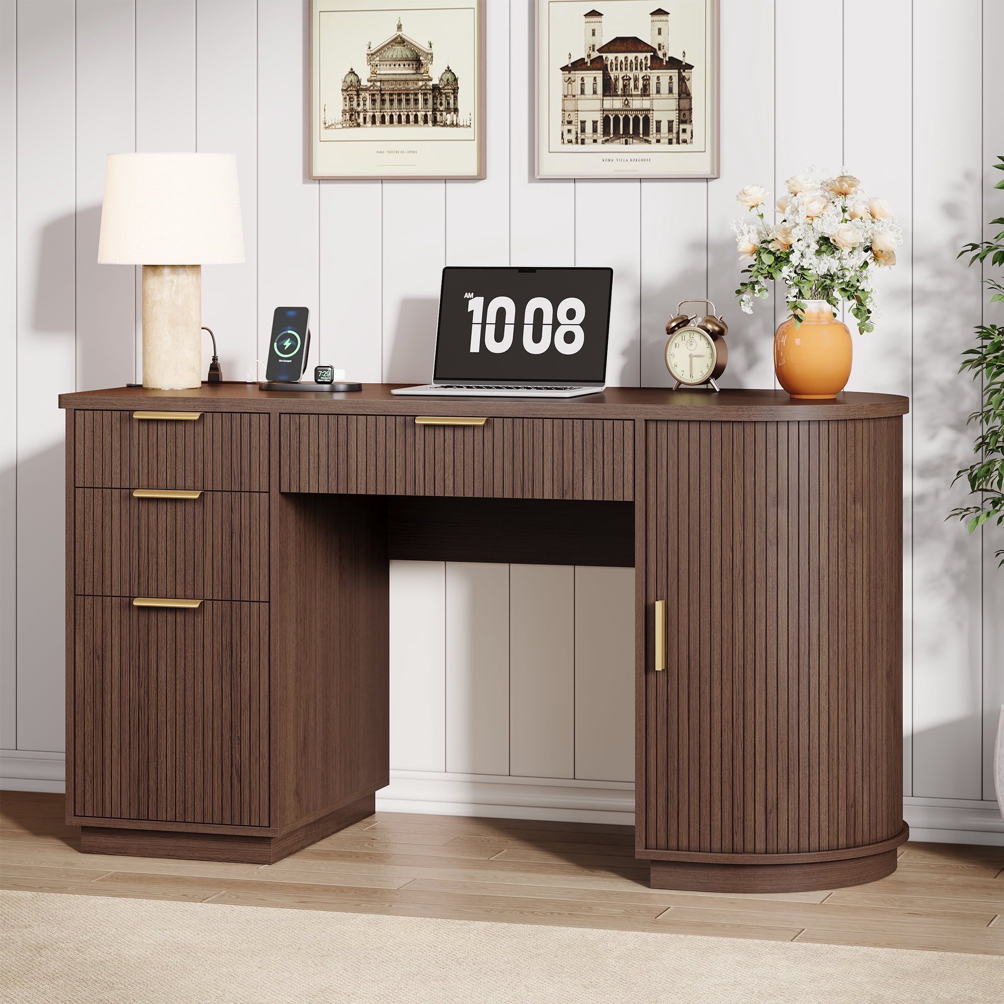 55 Inch Fluted Executive Desk, Mid Century Modern Home Office Desk with Drawers and Charging Station, Wood Computer Desk with File Drawer & Storage Cabinet, Walnut