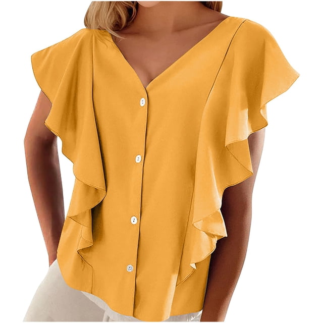 Yanlir Women's Solid Color Casual Fashion Ruffle Sleeve V-Neck Short Sleeve Tops Work Trendy 2025 Loose Fits Basic(Yellow,L)