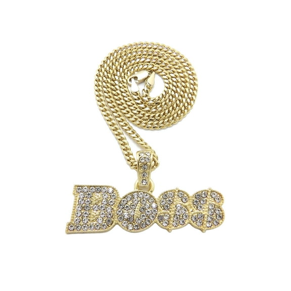 iJewelry2 Urban BOSS Script Pendant with Crystals Encrusted Gold-tone Cuban Chain Necklace