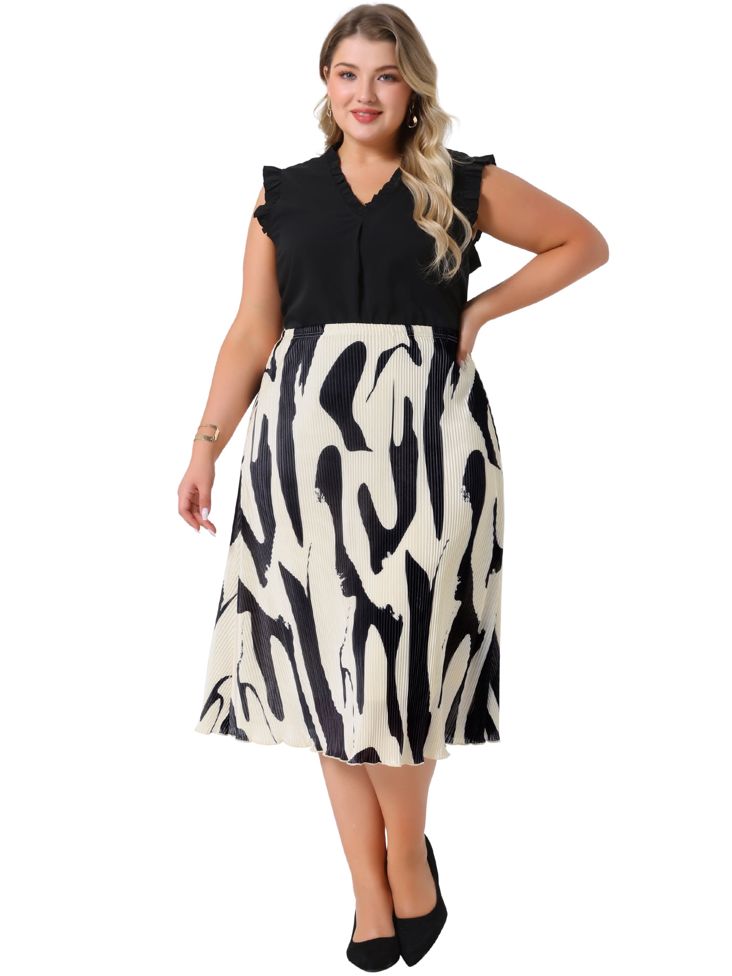 DARING DIVA Women's Plus Trendy Summer Print Pleated High Waisted Midi Skirt 1X Black