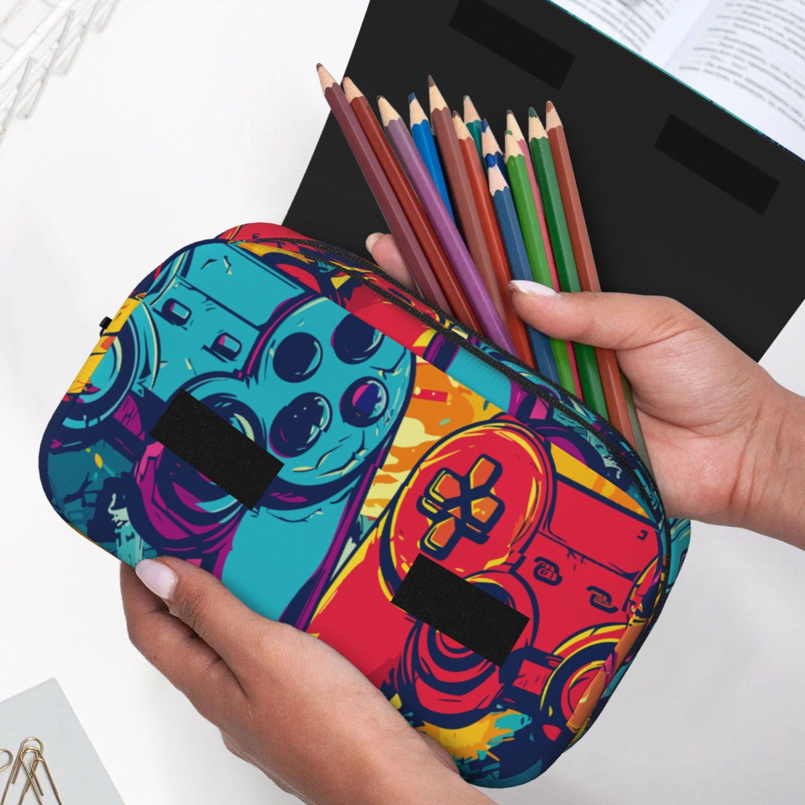 Rateoe Gaming Pattern Double Clamshell Pen Case, Storage Organizer with Two Zipper Compartments– Holds Up to 50 Pencils & Pens