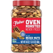 Fisher Oven Roasted Never Fried Deluxe Mixed Nuts, Ounces (Pack of 1), Almonds, Cashews, Pecans, Pistachios, Healthy Snacks for Adults, Made With Sea Salt, No Added Oil, Trail Mix, Gluten FreeZAKH1